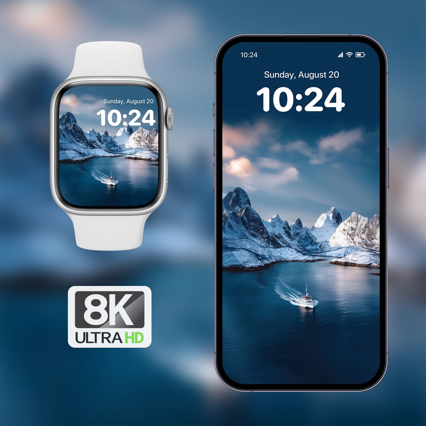 Panoramic mountain range reflection on calm Arctic sea – 8K ultra wide wallpaper
