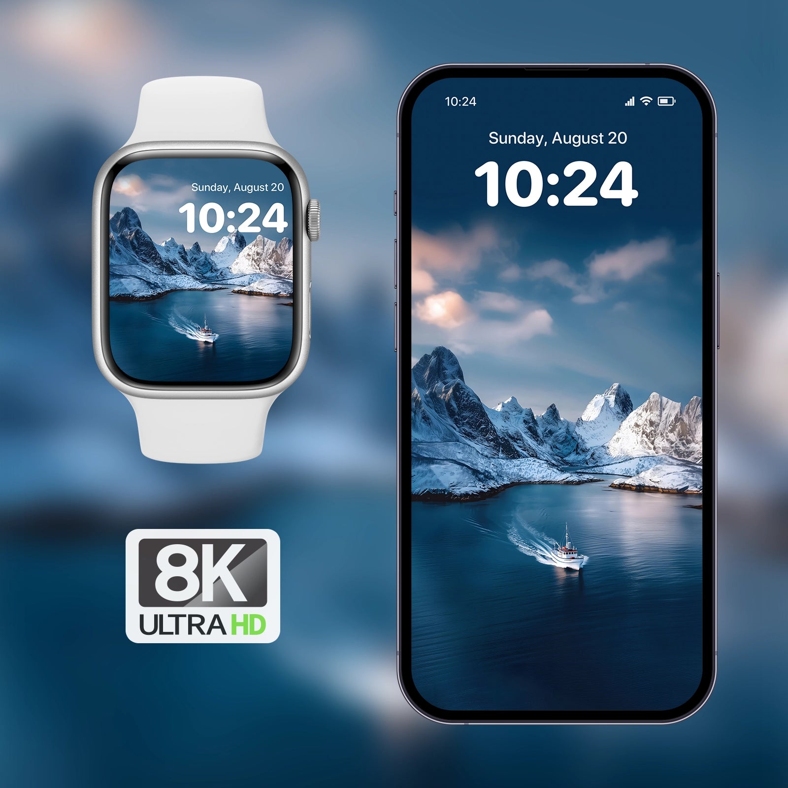 Panoramic mountain range reflection on calm Arctic sea – 8K ultra wide wallpaper