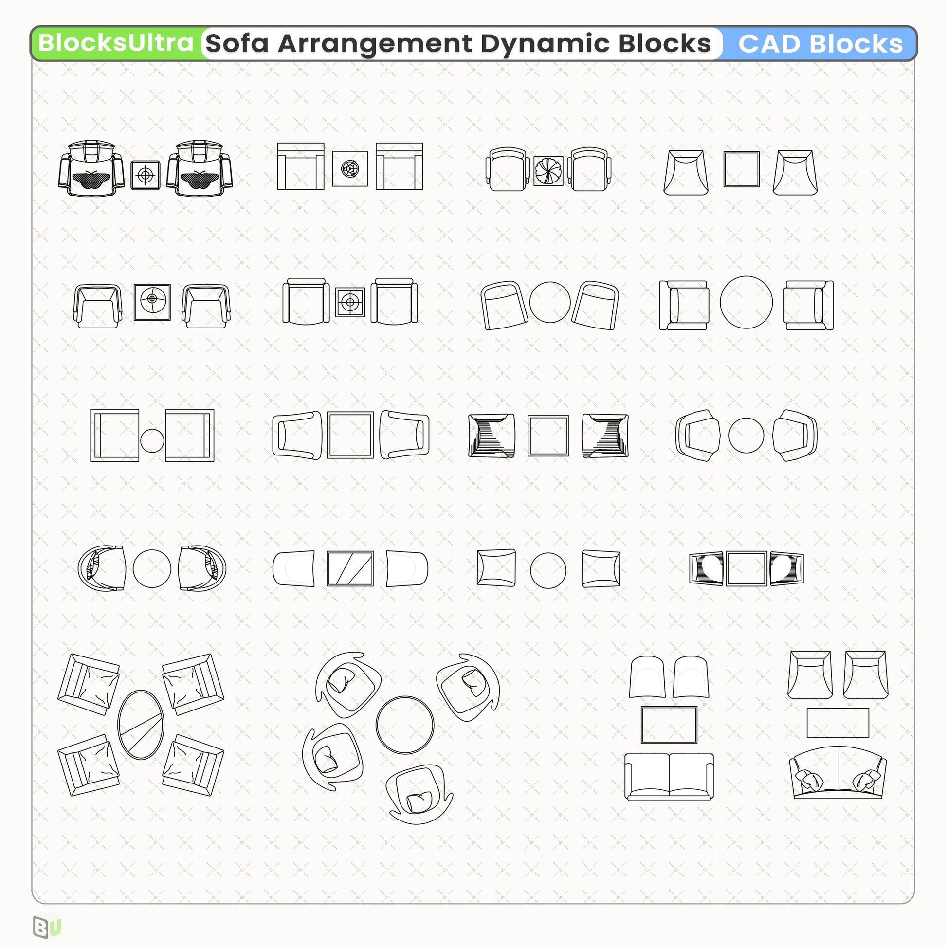 Top-view lobby sofa dynamic blocks with editable seating layouts for architecture plans