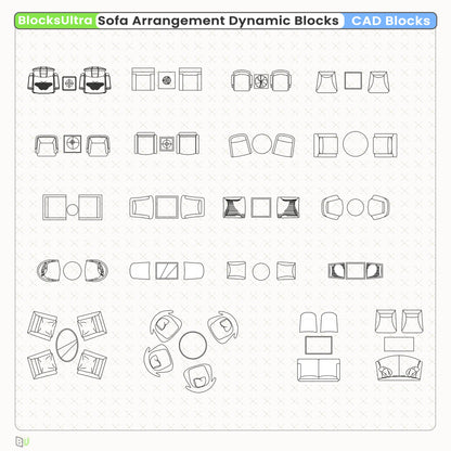 Top-view lobby sofa dynamic blocks with editable seating layouts for architecture plans
