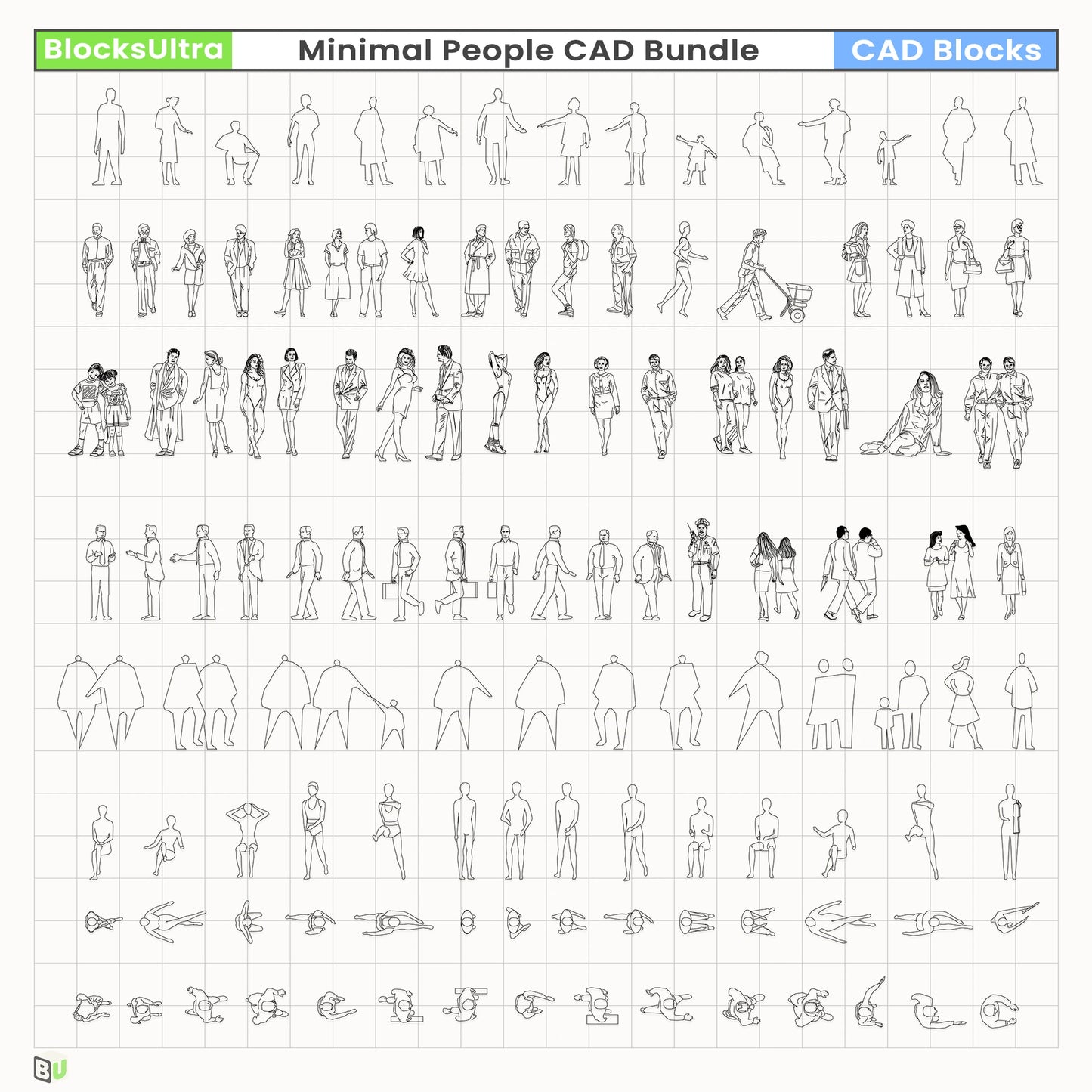 Minimal CAD elevation figures in business and casual outfits with clean linework for architecture and planning scenes