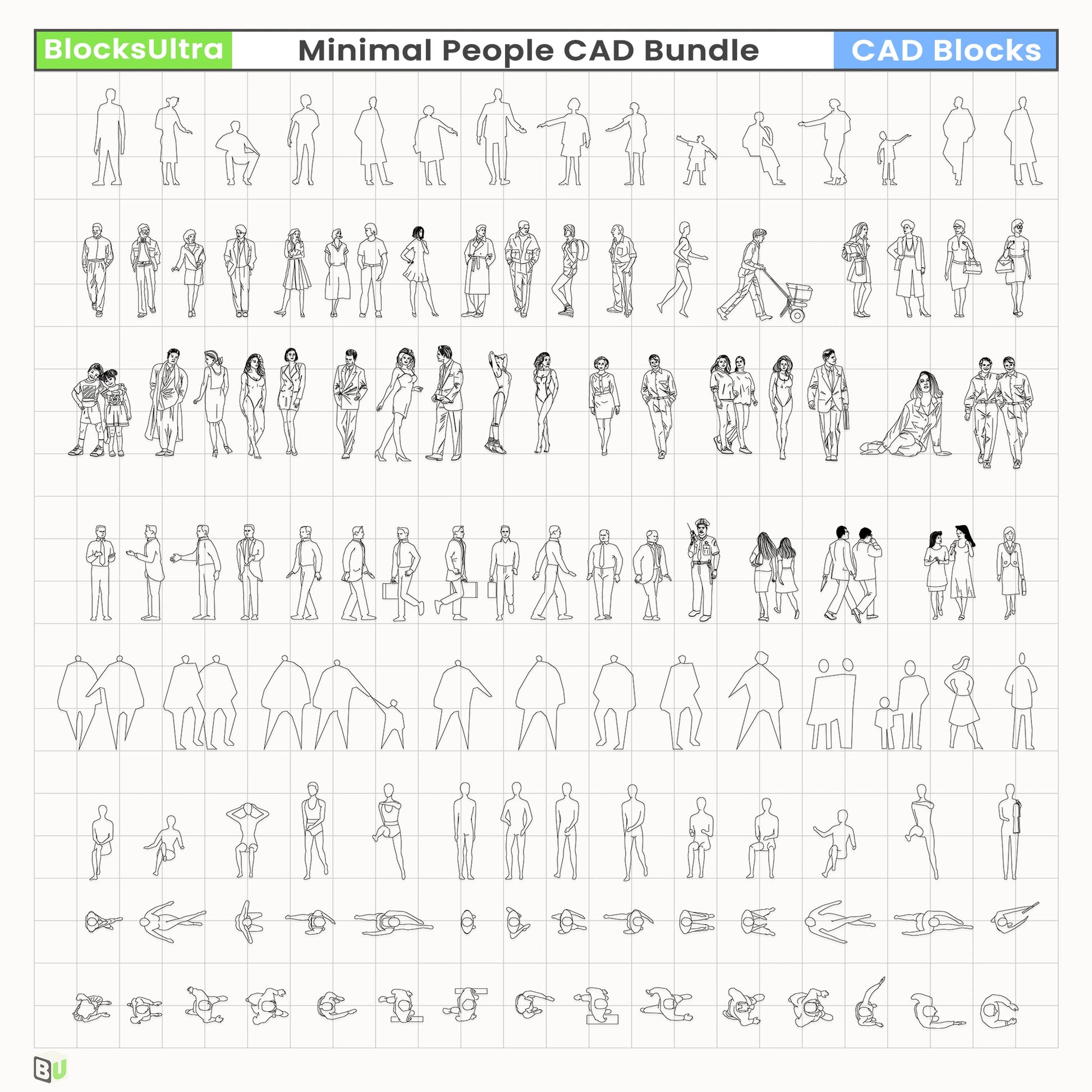 Minimal CAD elevation figures in business and casual outfits with clean linework for architecture and planning scenes