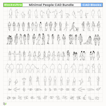 Minimal CAD elevation figures in business and casual outfits with clean linework for architecture and planning scenes