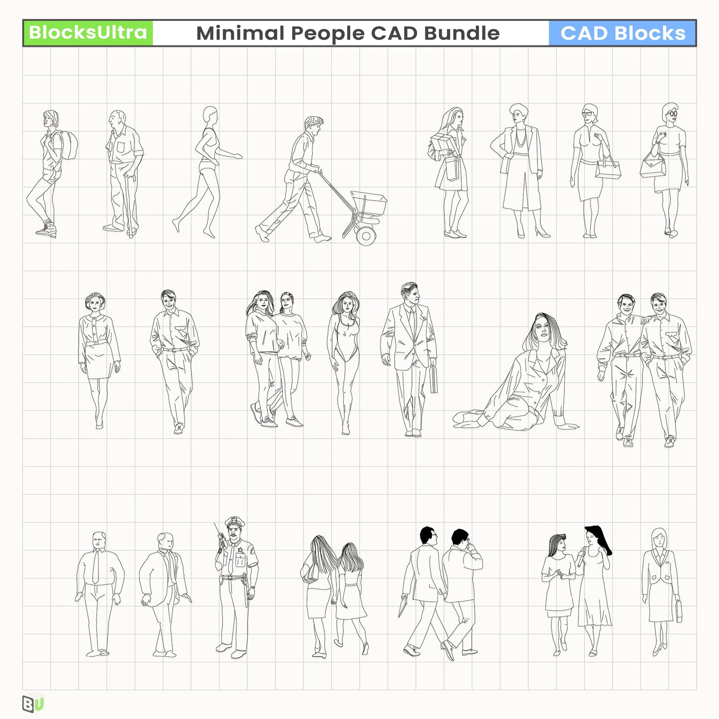 Minimal CAD figures showing relaxed seated and lying floor poses for design, landscape, and planning diagrams
