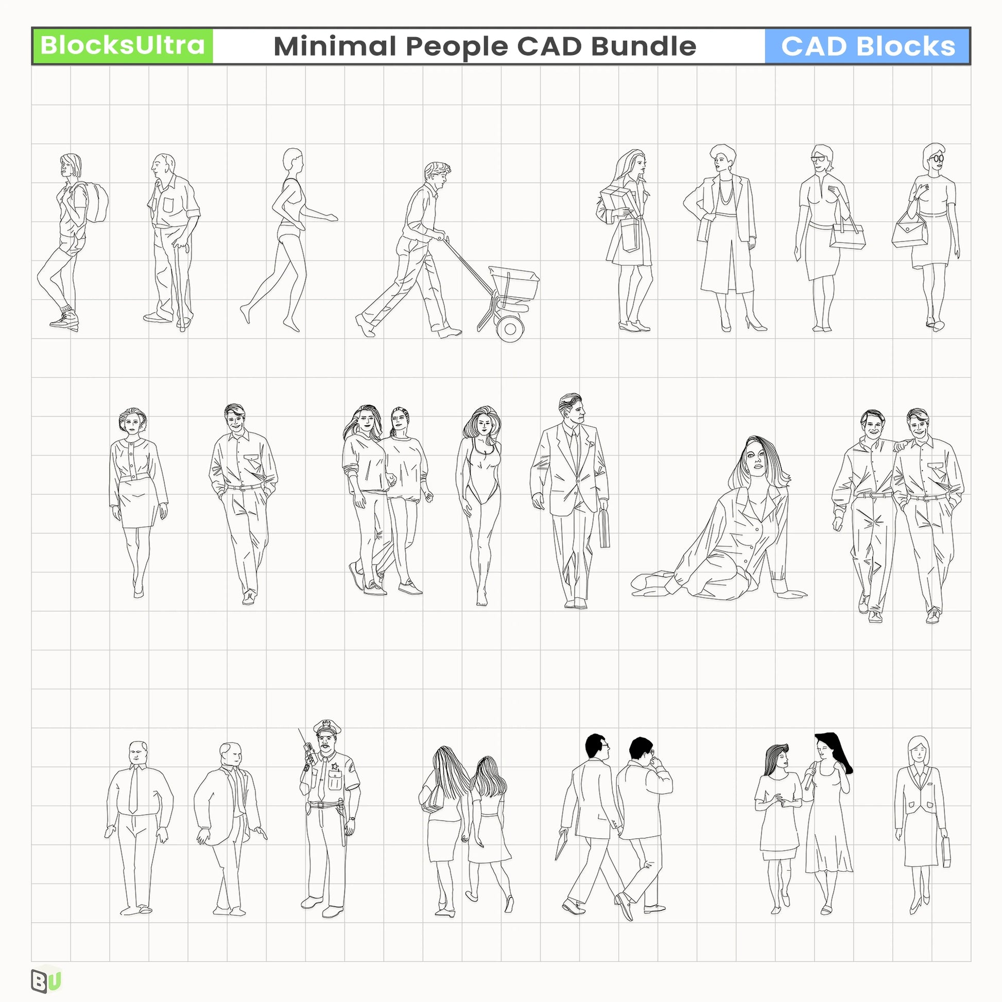 Minimal CAD figures showing relaxed seated and lying floor poses for design, landscape, and planning diagrams