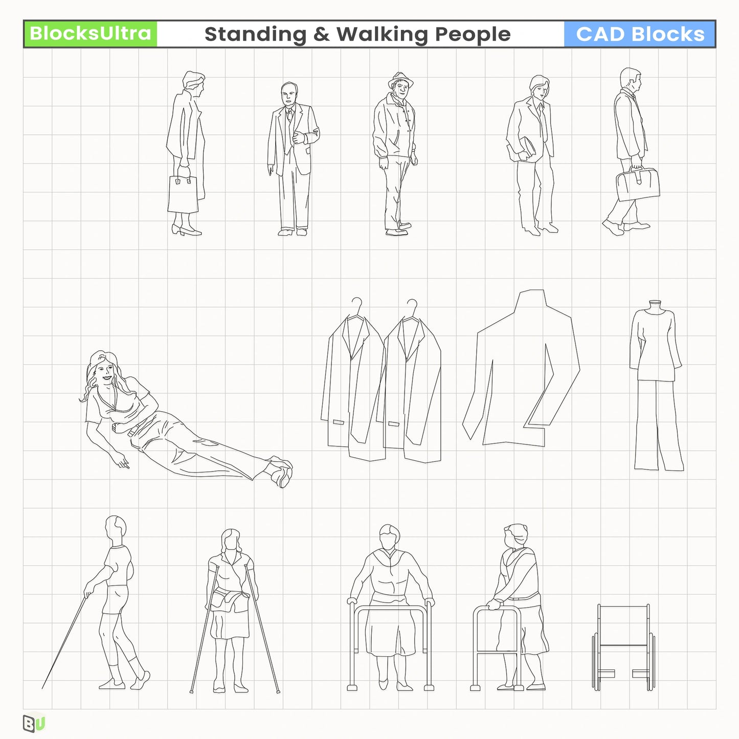 Gesturing person CAD elevation silhouette for architectural sections and elevations