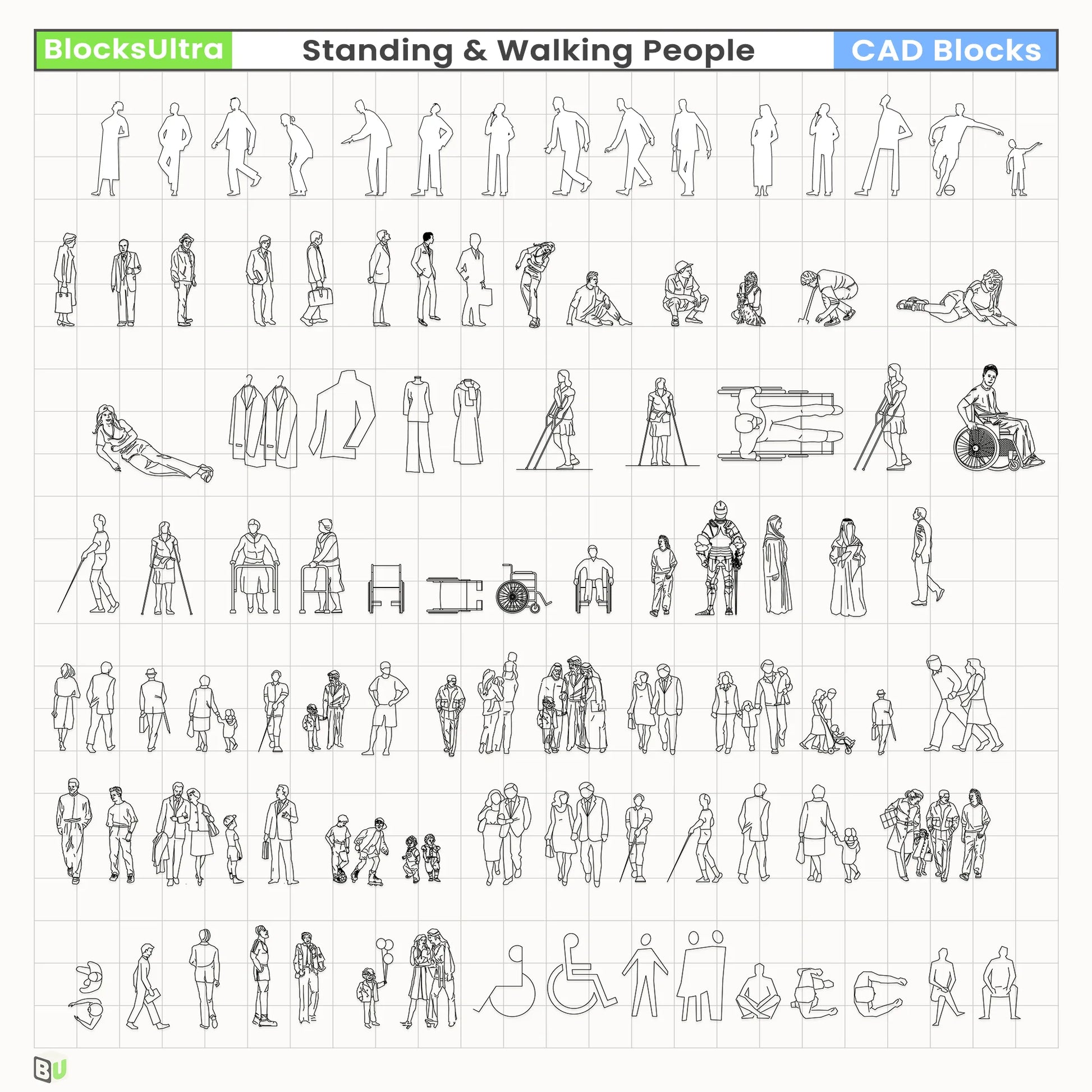 Minimal Standing & Walking People CAD Silhouettes Pack (Elevation ...