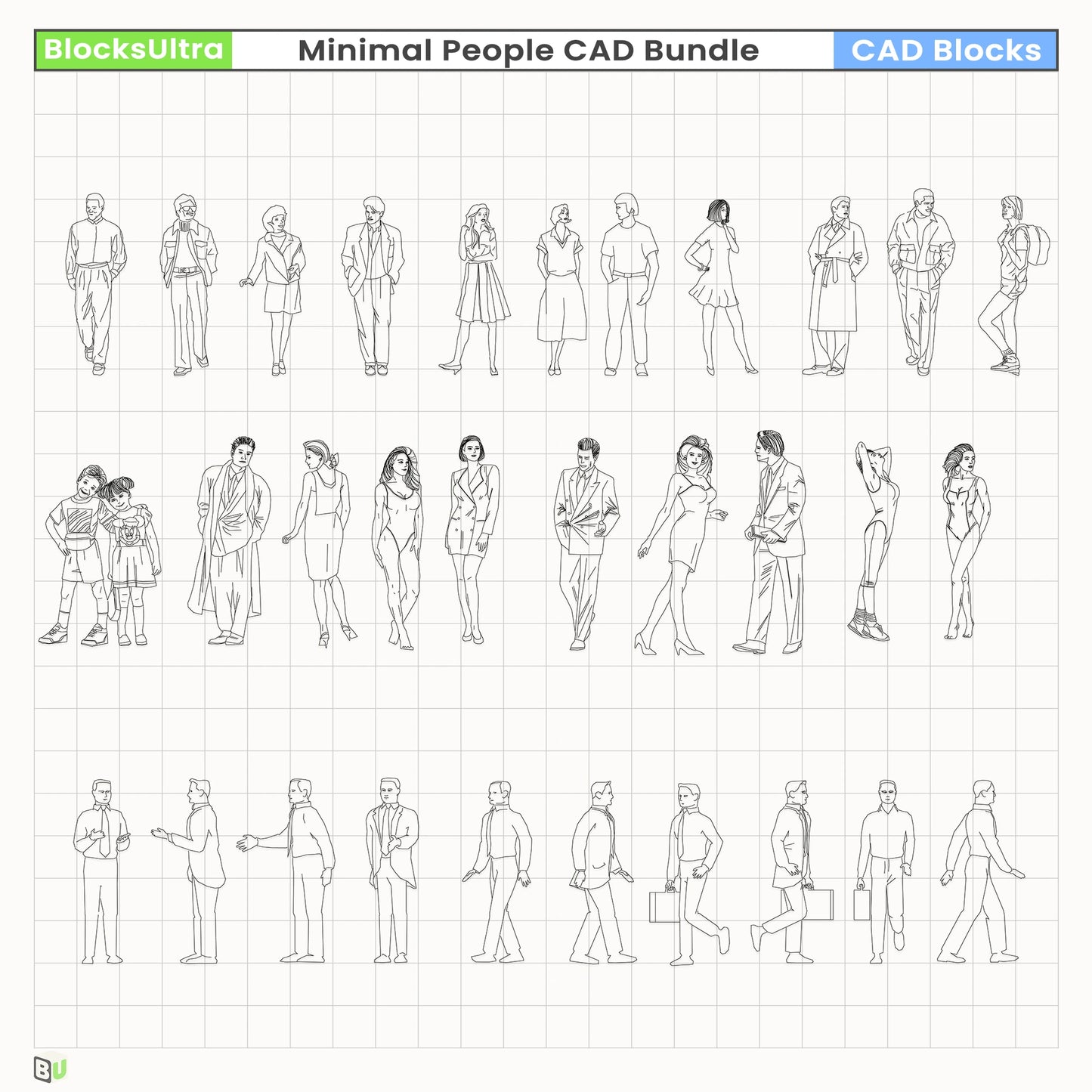Minimal CAD top-view people poses for site plans, circulation mapping, and architectural drawing workflows