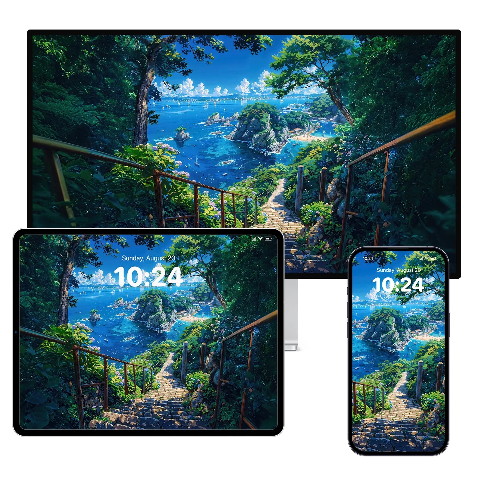 Hand-painted forest path leading to a secret blue bay surrounded by cliffs and sailboats