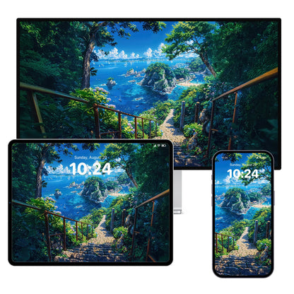 Hand-painted forest path leading to a secret blue bay surrounded by cliffs and sailboats
