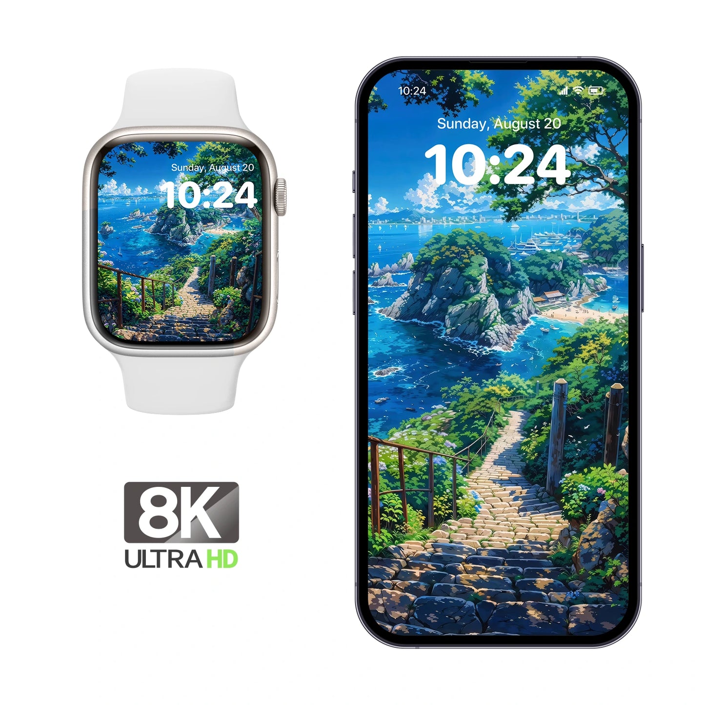 Ghibli-style ocean view with stone steps, vivid foliage, and distant sailing boats