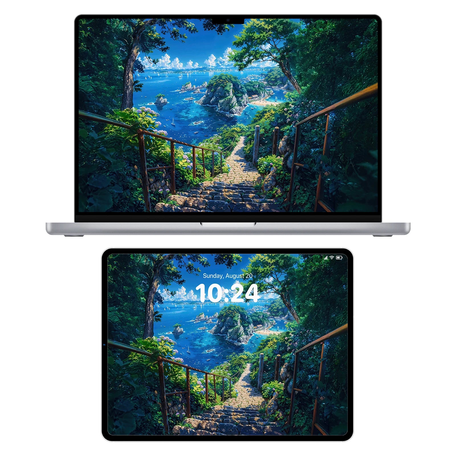 Dreamlike forest descent toward a glowing coastline bathed in golden afternoon light