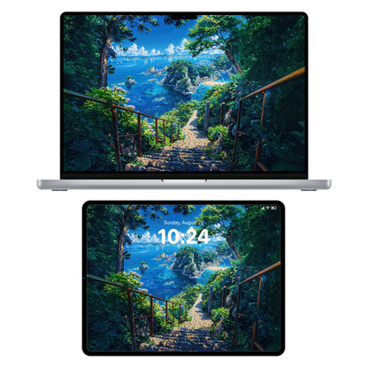 Dreamlike forest descent toward a glowing coastline bathed in golden afternoon light