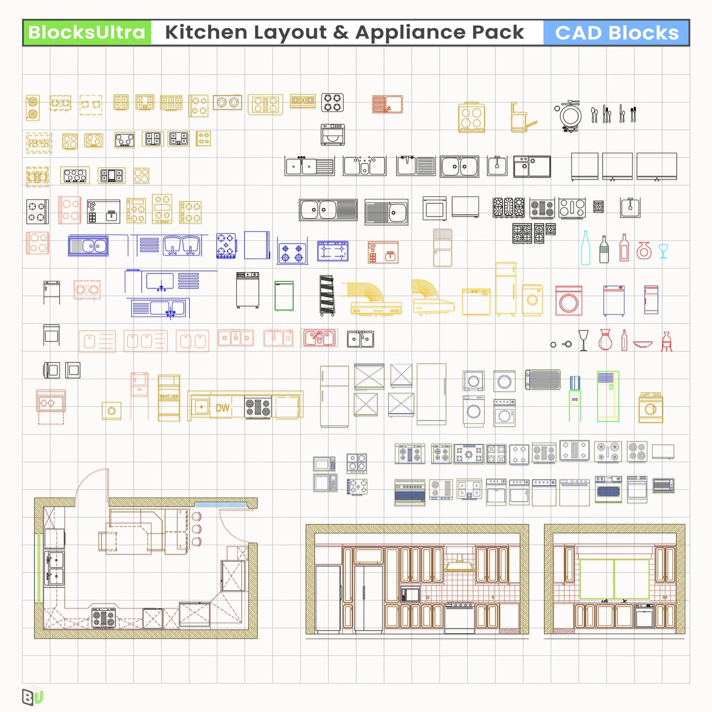 Modular kitchen countertop CAD blocks including L-shaped and U-shaped layouts with integrated stoves, sinks, and cabinets