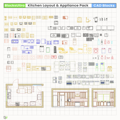Modular kitchen countertop CAD blocks including L-shaped and U-shaped layouts with integrated stoves, sinks, and cabinets