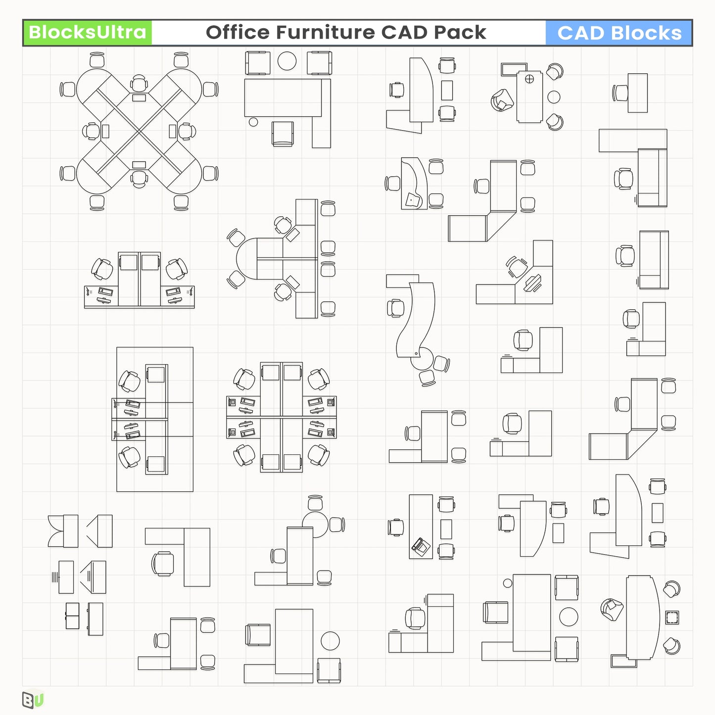 Top-view CAD blocks of office desks, executive tables, and collaborative layouts for design and space-planning workflows