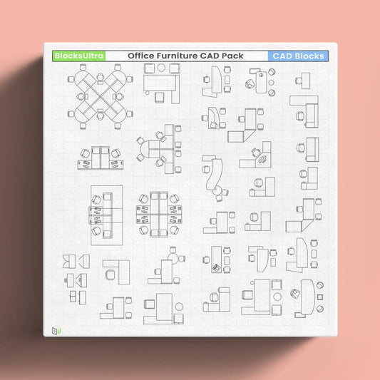 CAD linework office furniture pack with workstations and meeting tables in top-view layout for architectural planning