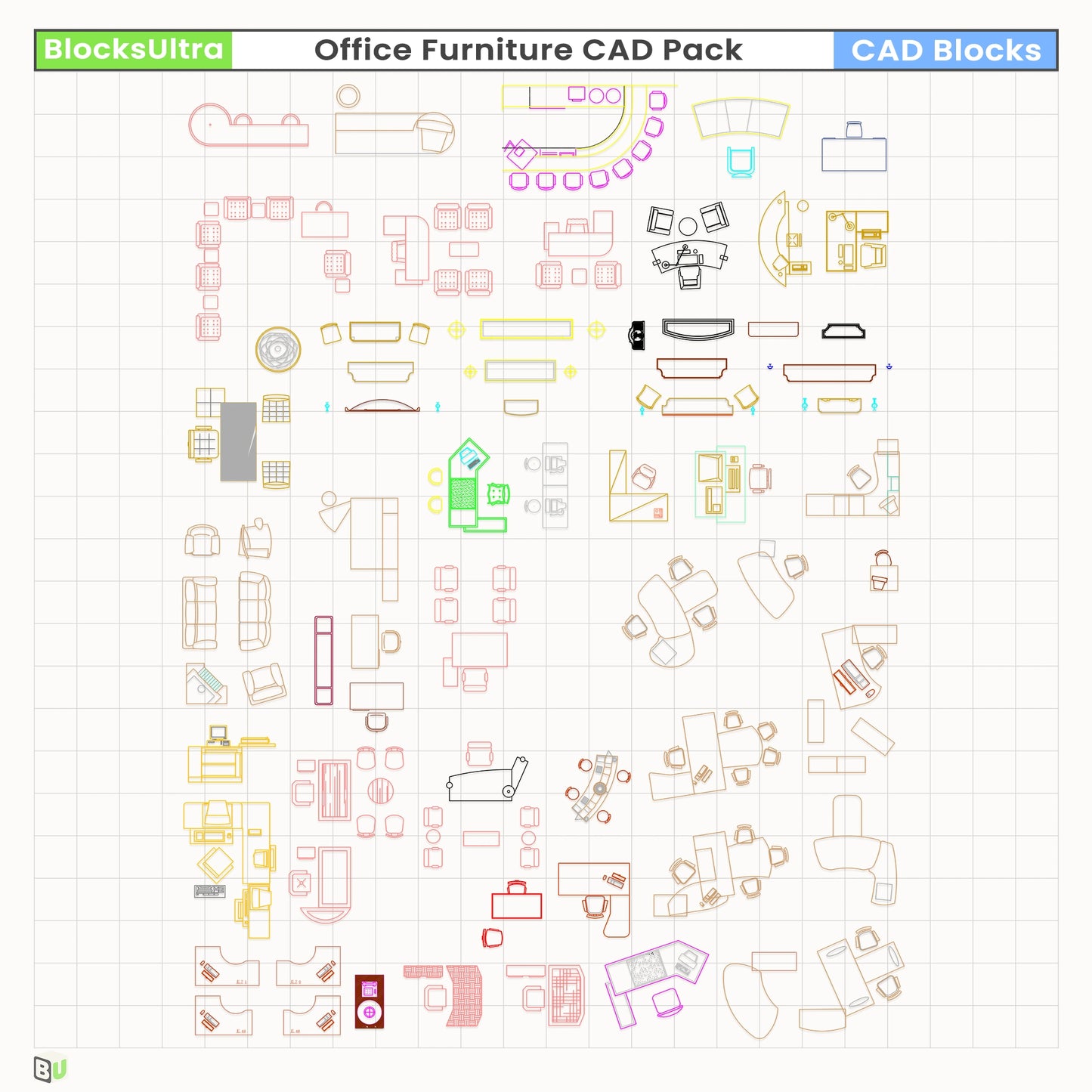 Top-view CAD blocks of sofas, lounge seating, and office waiting-area arrangements for architectural drawings