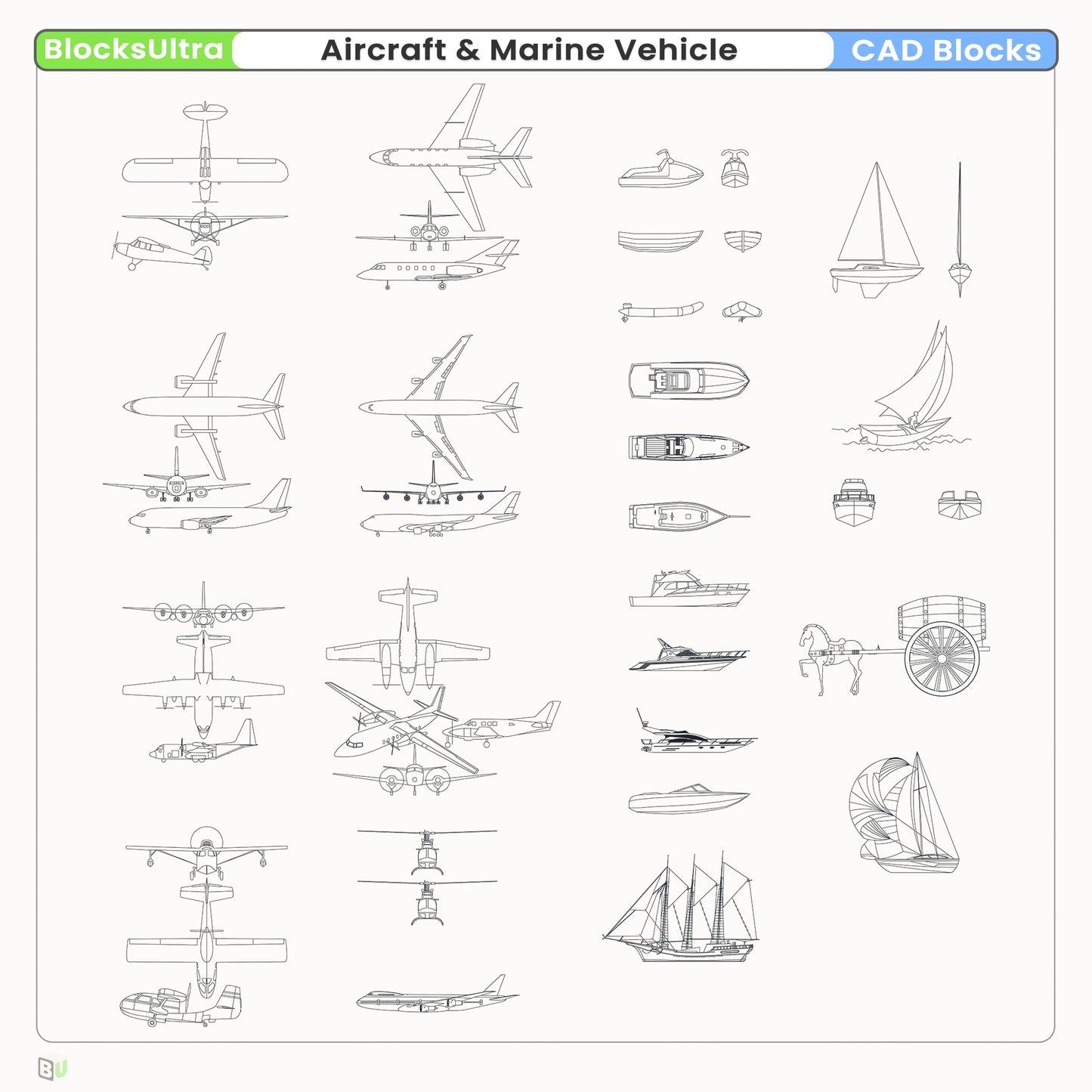 Passenger jet airplane CAD blocks with top, front, and side views