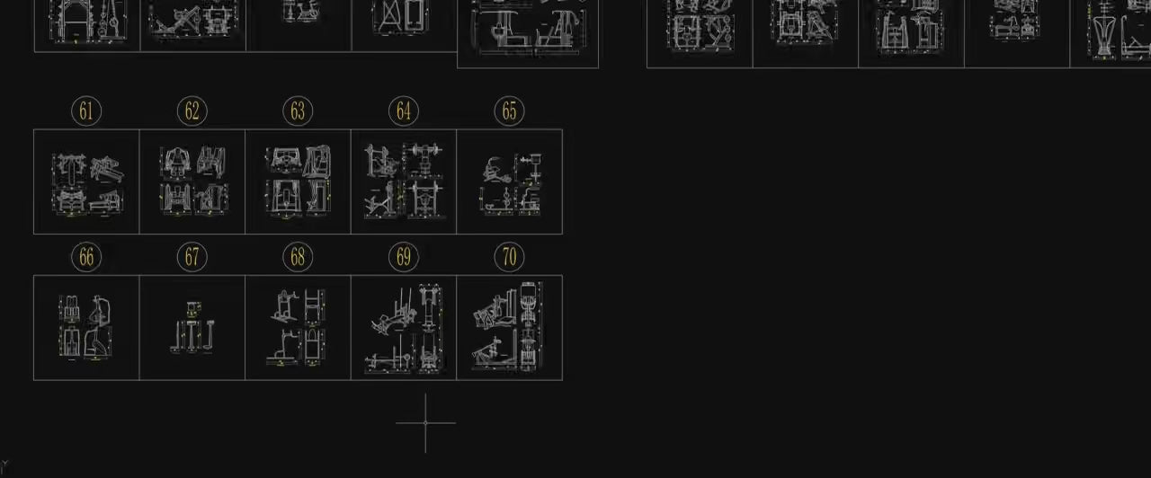 Axonometric fitness equipment CAD blocks preview showing cardio and strength gym machines