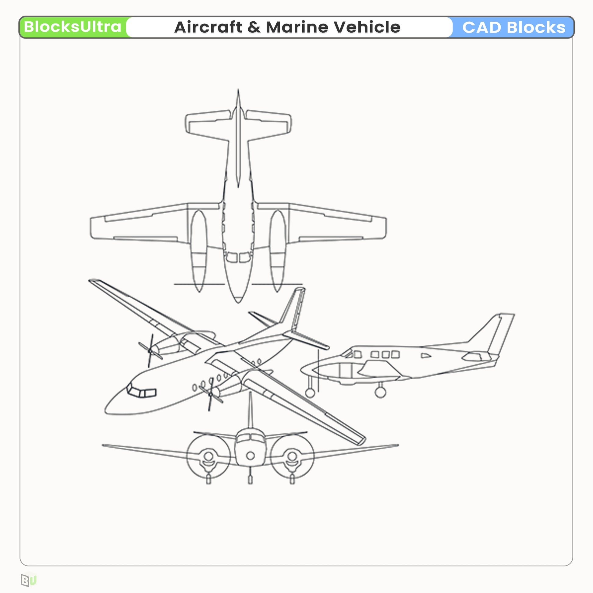 Propeller airplane CAD drawings with clean technical linework