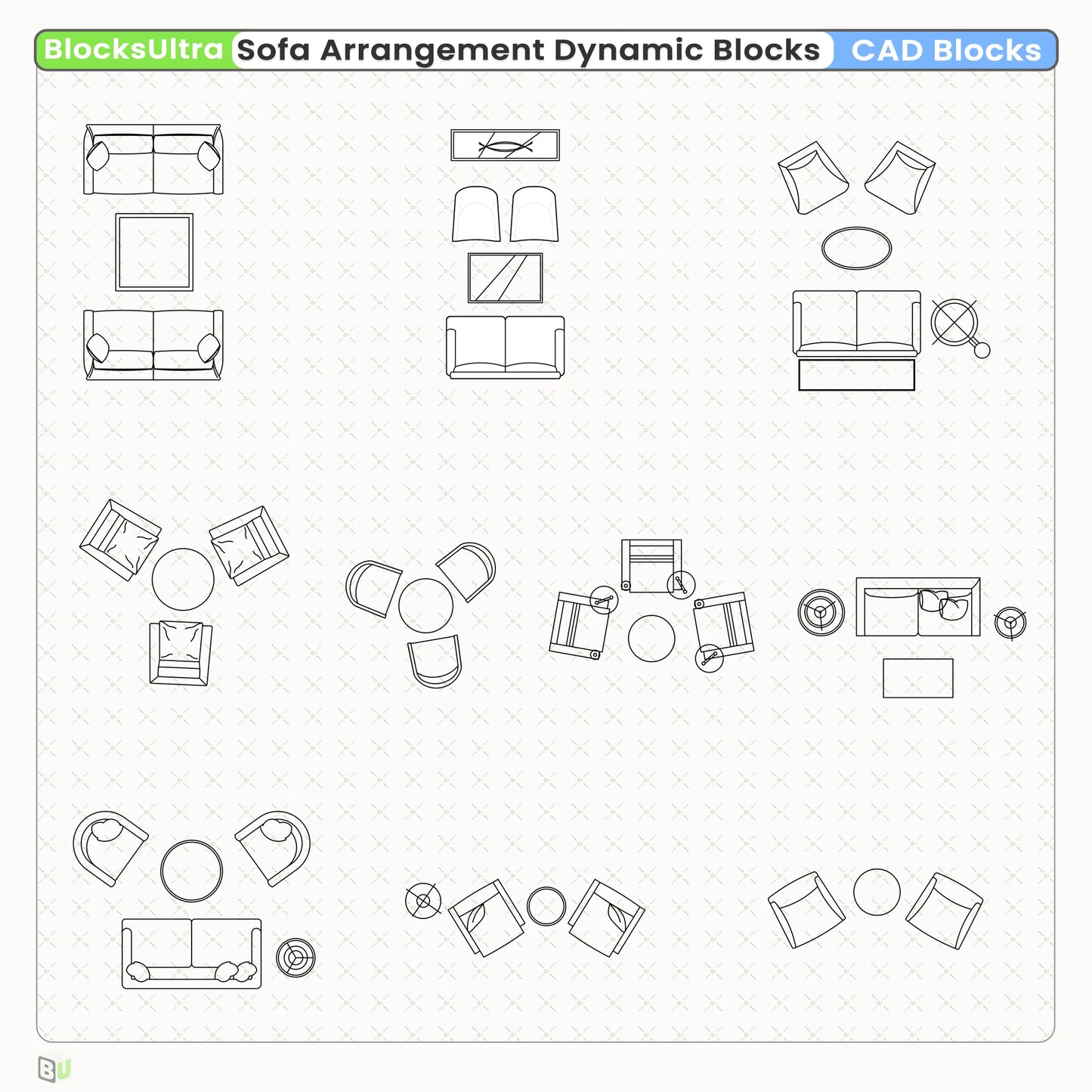 Top-view lounge furniture CAD Dynamic Blocks designed for hotel lobbies and reception spaces