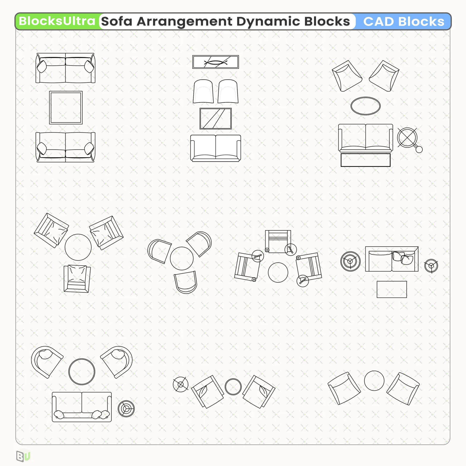 Top-view lounge furniture CAD Dynamic Blocks designed for hotel lobbies and reception spaces