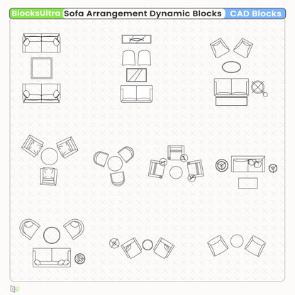 Top-view lounge furniture CAD Dynamic Blocks designed for hotel lobbies and reception spaces