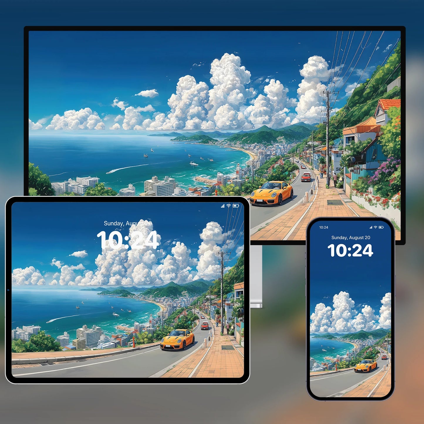 8K seaside highway wallpaper – yellow car driving under bright blue sky for desktop PC