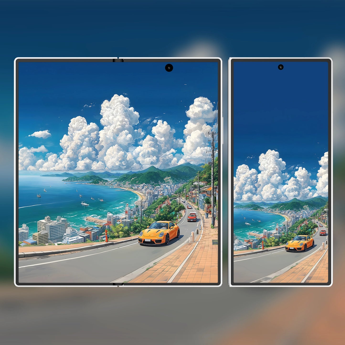 Vertical seaside highway wallpaper – yellow sports car and blue horizon for phone