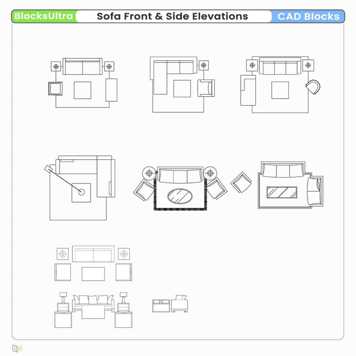 sectional sofa CAD blocks arranged in living room layouts for residential interior design