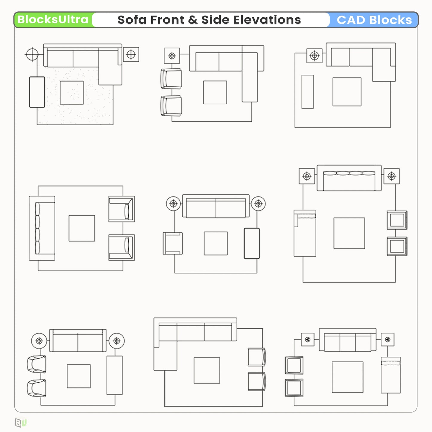 sectional sofa CAD plan view layouts for living room and interior space planning