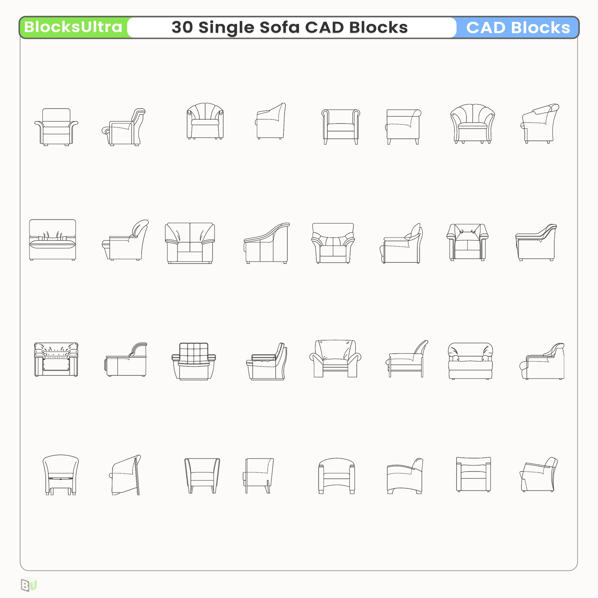 Single sofa CAD blocks collection featuring detailed front elevation views