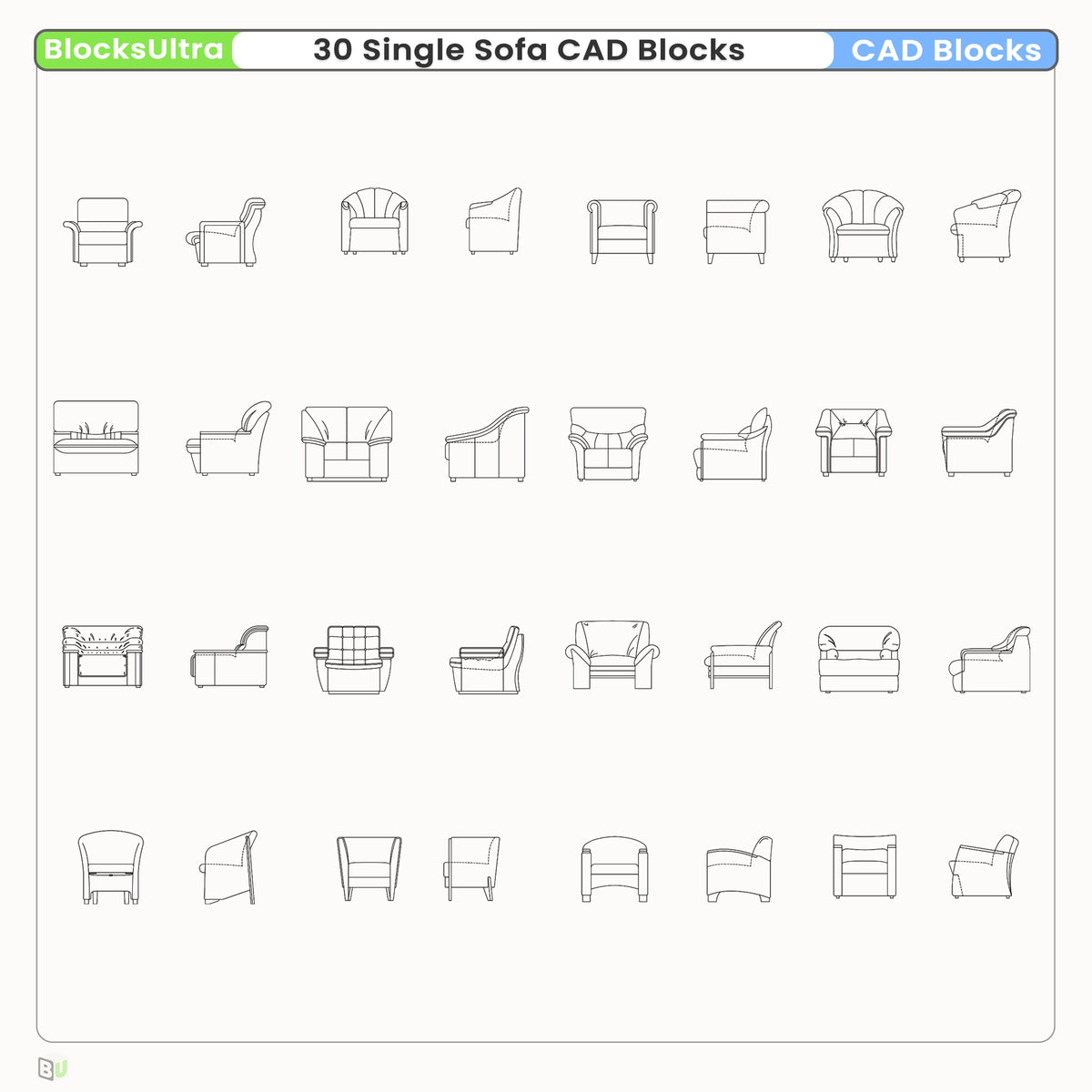 Single sofa CAD blocks collection featuring detailed front elevation views