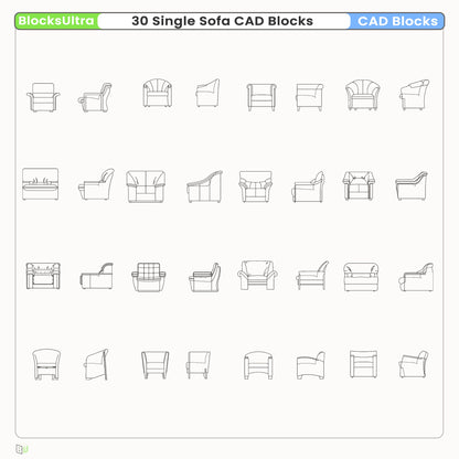 Single sofa CAD blocks collection featuring detailed front elevation views