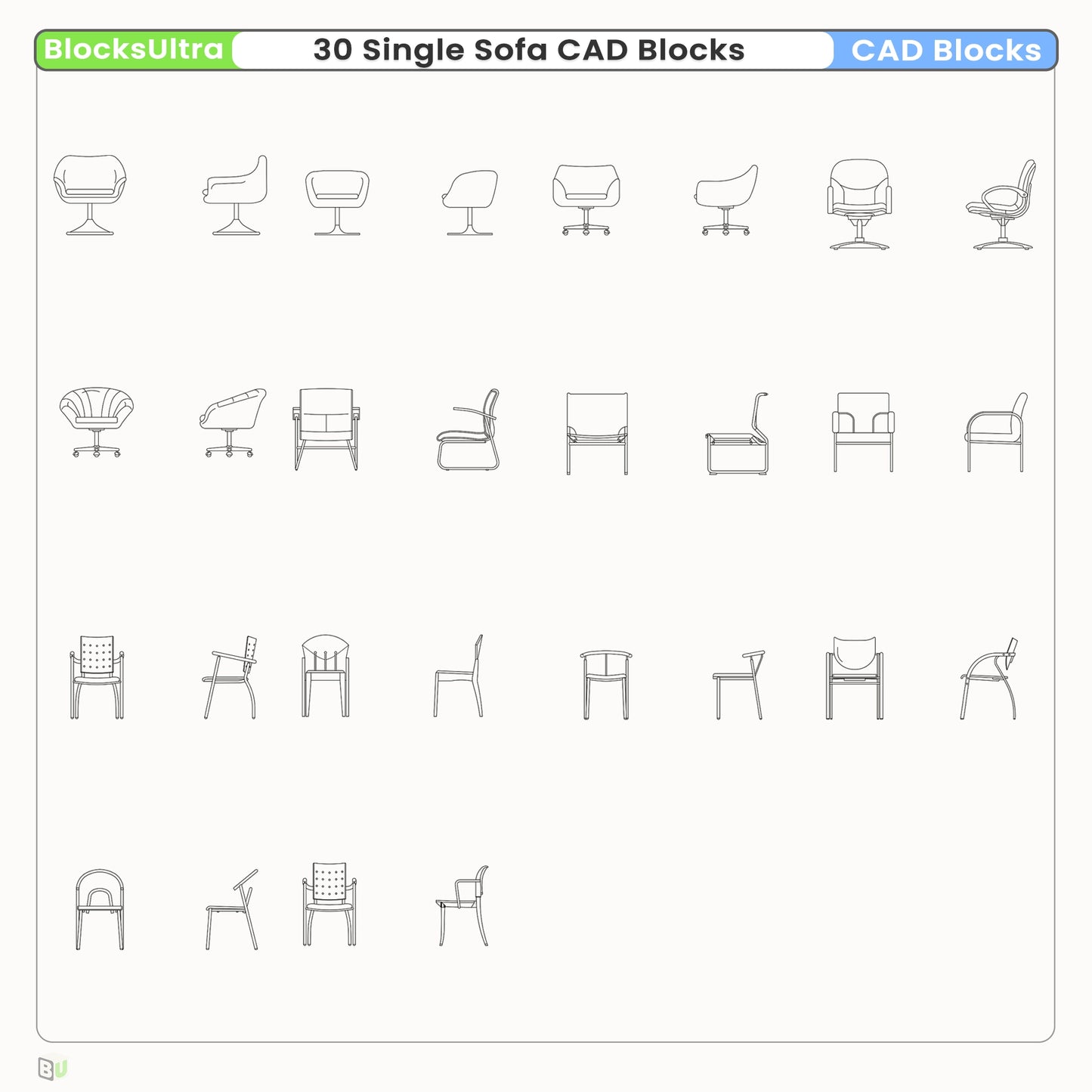 Single sofa CAD blocks showing front and side elevations in clean linework