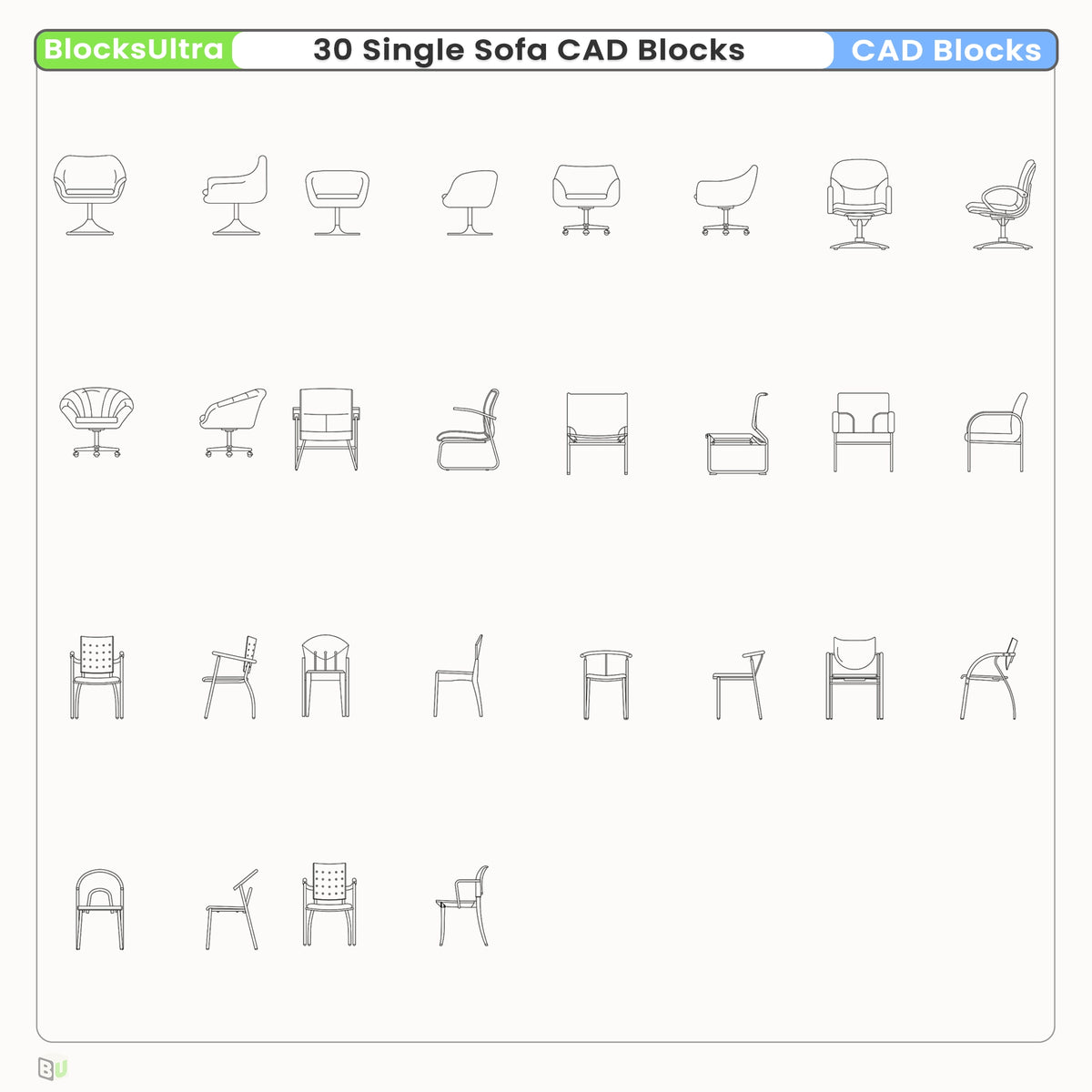 Single sofa CAD blocks showing front and side elevations in clean linework