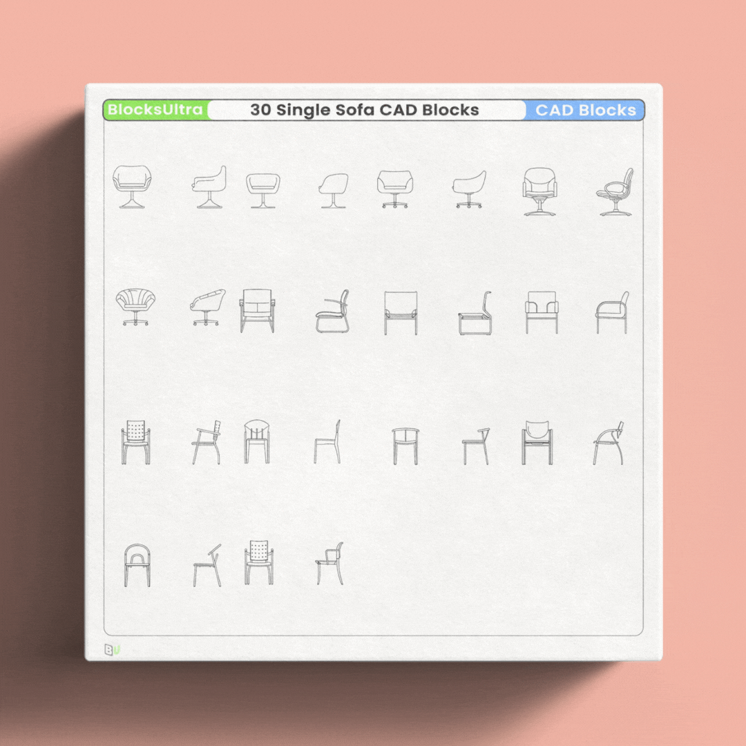 Animated preview of single sofa CAD blocks showing front and side elevation views