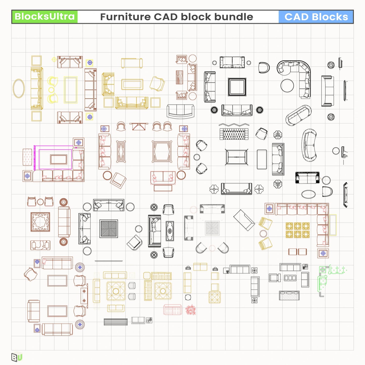 CAD top-view furniture set featuring sofas, chairs, and tables for interior space planning