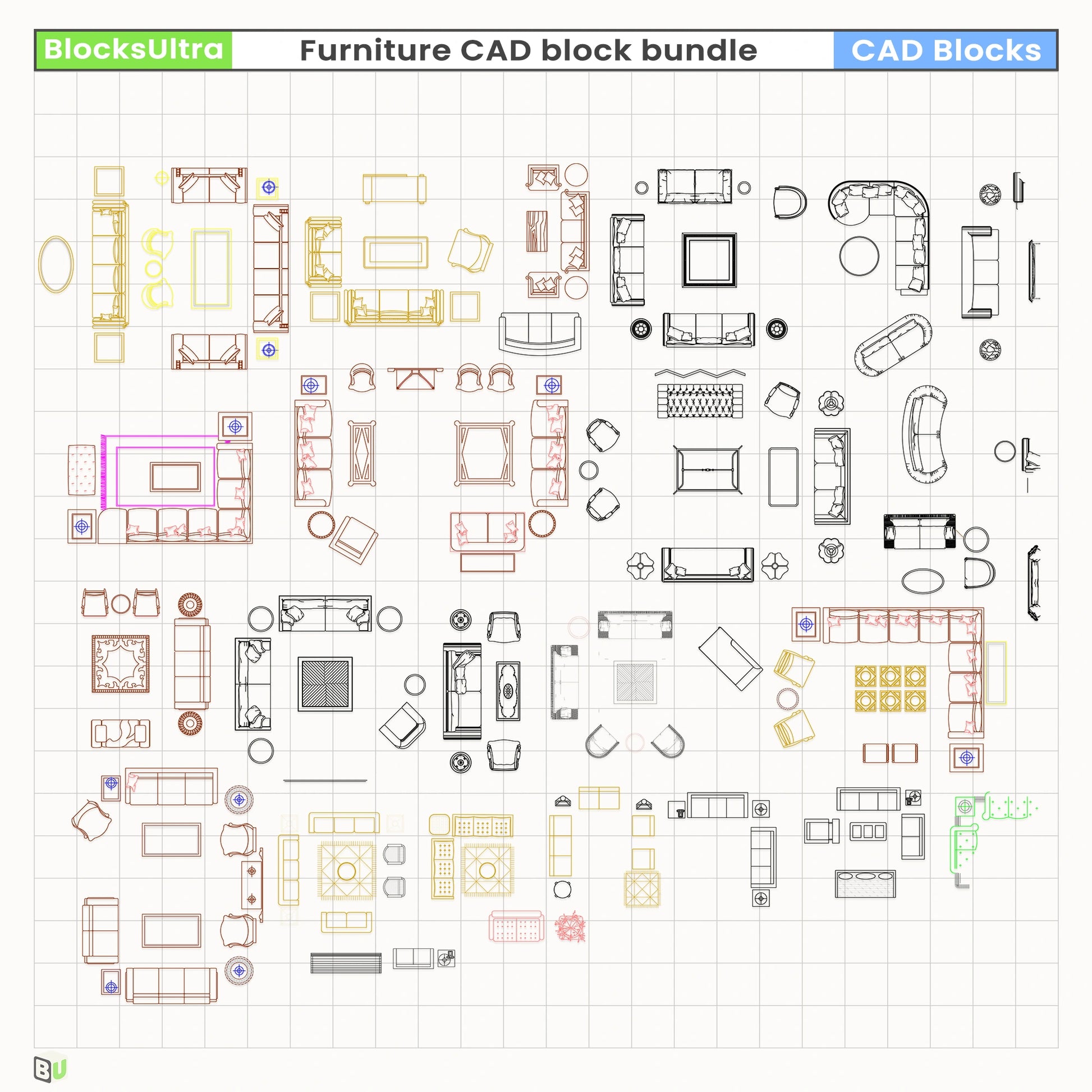CAD top-view furniture set featuring sofas, chairs, and tables for interior space planning