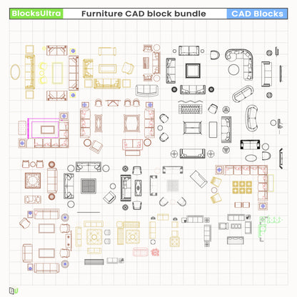 CAD top-view furniture set featuring sofas, chairs, and tables for interior space planning