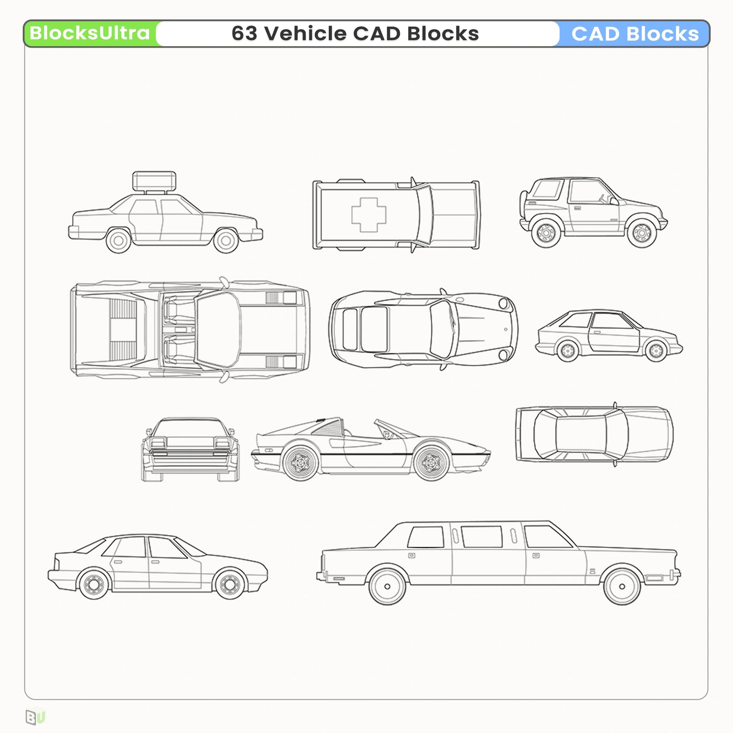 Sports car CAD blocks with top, side and front views