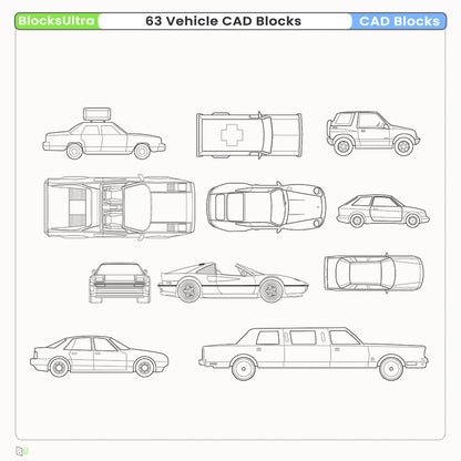 Sports car CAD blocks with top, side and front views