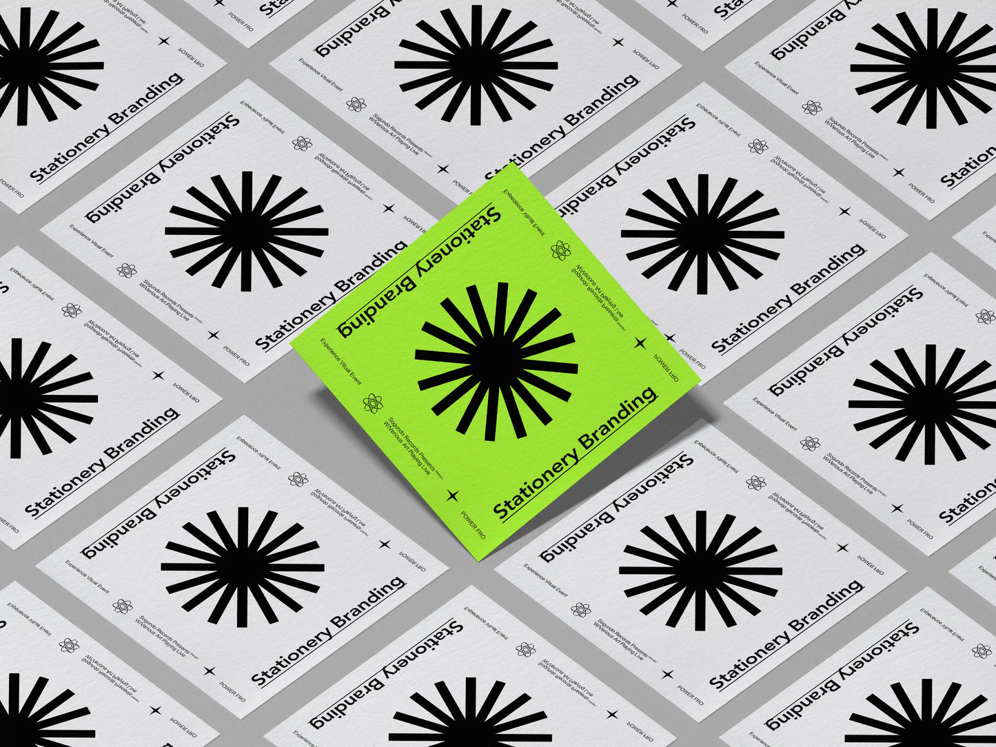 Square card grid branding mockup showing multiple cards arranged in a modern tiled layout with bold contrast