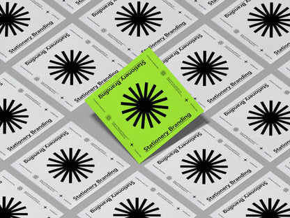 Square card grid branding mockup showing multiple cards arranged in a modern tiled layout with bold contrast