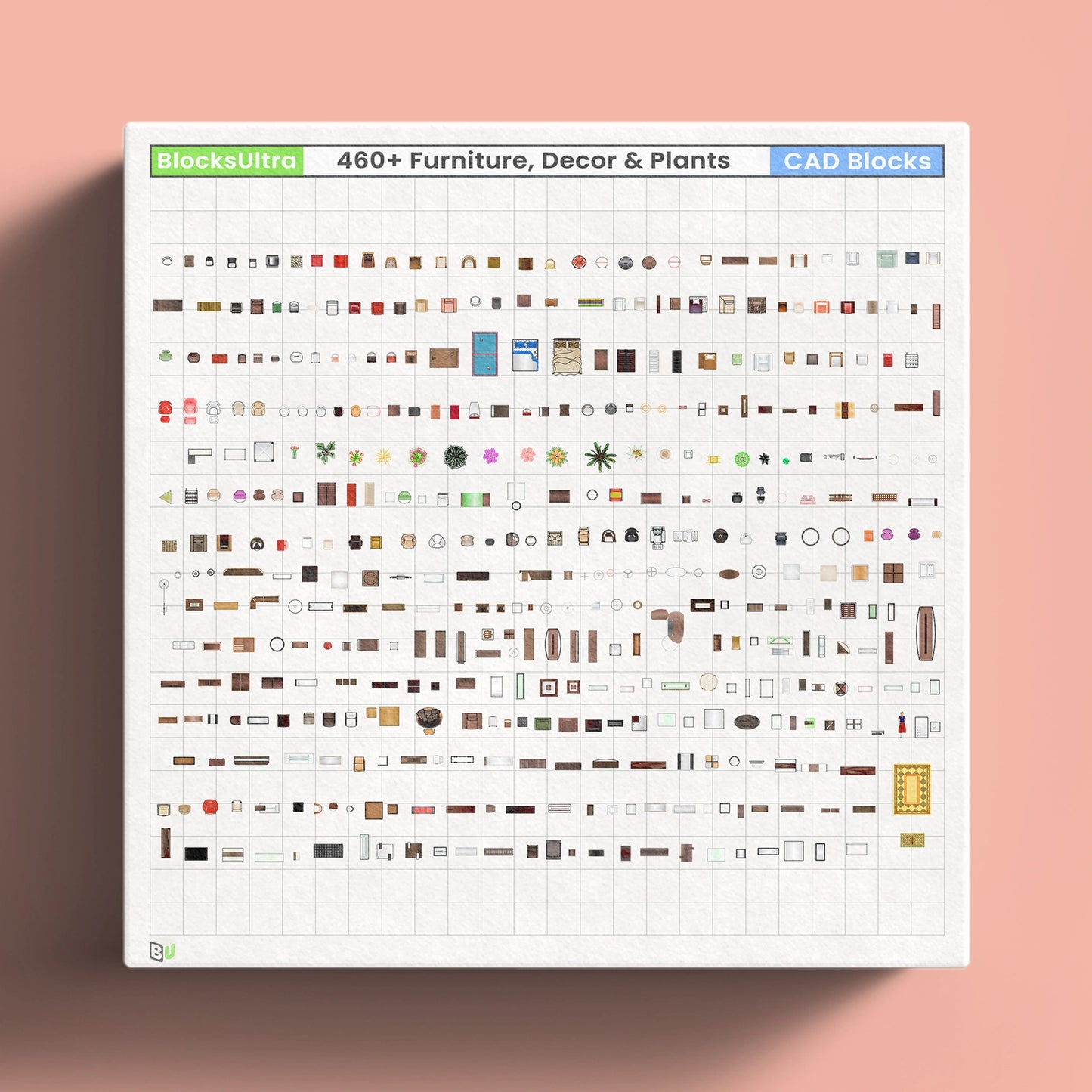 Top-view CAD blocks of 460+ interior furniture, decor, plants, and accessories for architectural layout design