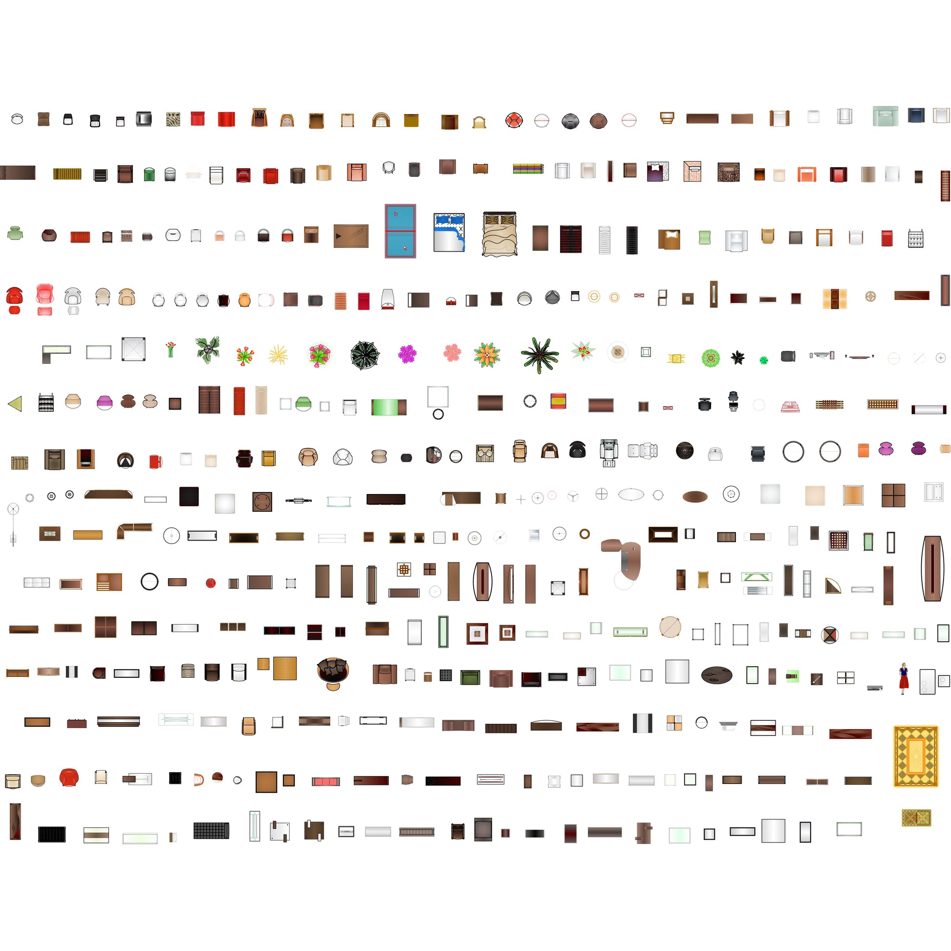 Top-view CAD furniture blocks including seating, tables, storage, and decor items for DWG design workflows