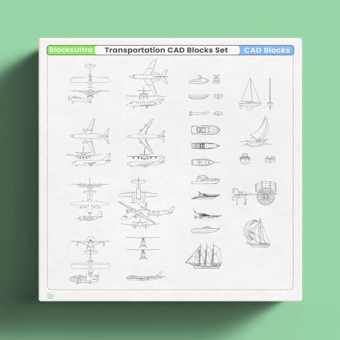 Transportation CAD blocks overview showing vehicles, aircraft, boats, and multi-view drawings