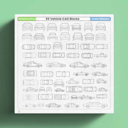 Vehicle CAD blocks front and rear views with clean line drawings