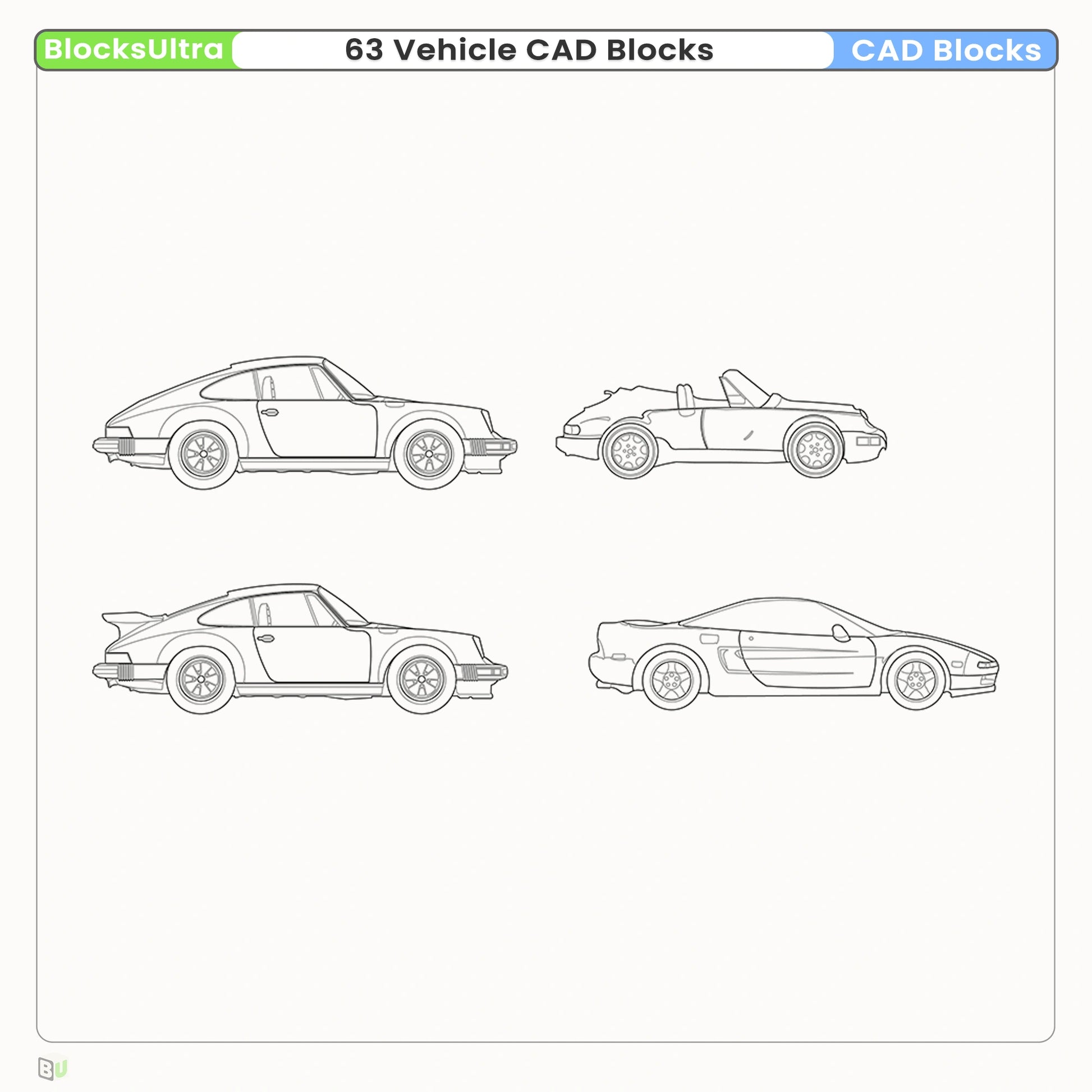 Vehicle CAD blocks side elevation views for architectural drawings